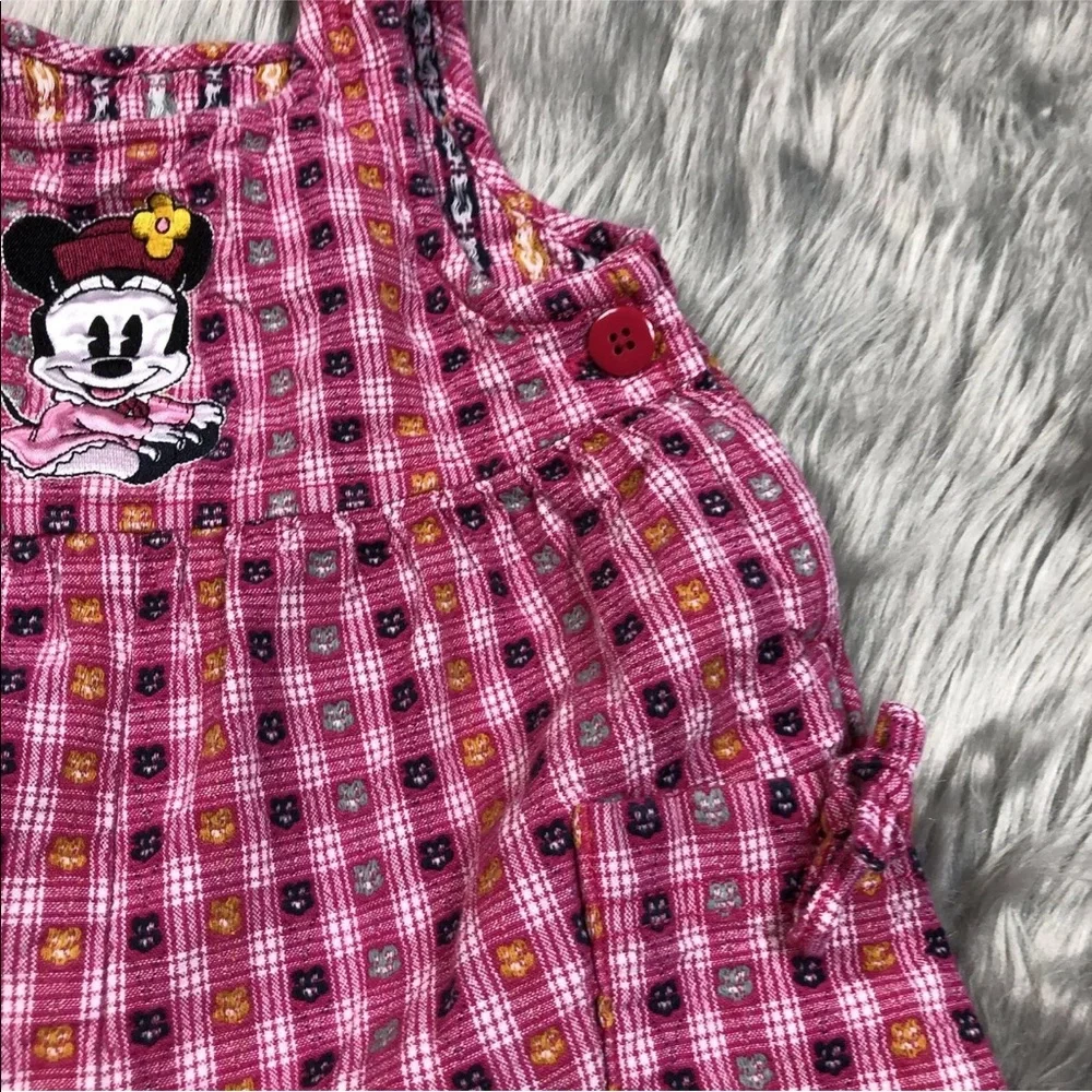 Vintage Baby Disney Pink Plaid Minnie Mouse Overalls Romper